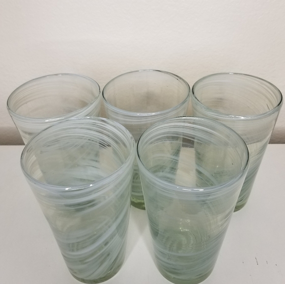Hand Blown Art Glass White Swirl Tea Water Tumbler 16oz Set of 5 - Picture 4 of 9